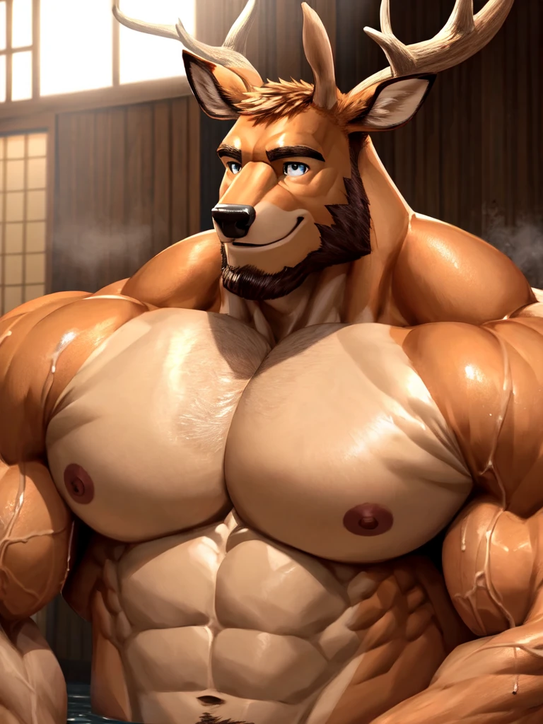 muscular old man soak in the onsen, furry, an anthro (brown deer), an anthto, bearded, happy expression, detailed face, face, detailed eyes, eyes, really big muscle, bigger muscle, very big muscular, over sized muscle, biggest muscle, big pec muscular, biggest pec muscle, detailed muscle, photography, background