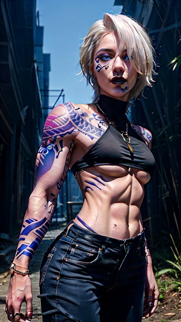 a muscular female with white hair, blue eyes, and black lips, Zoya from the path to nowhere, detailed tattoos, sharp eyes, perfect lighting, photorealistic, highly detailed, masterpiece