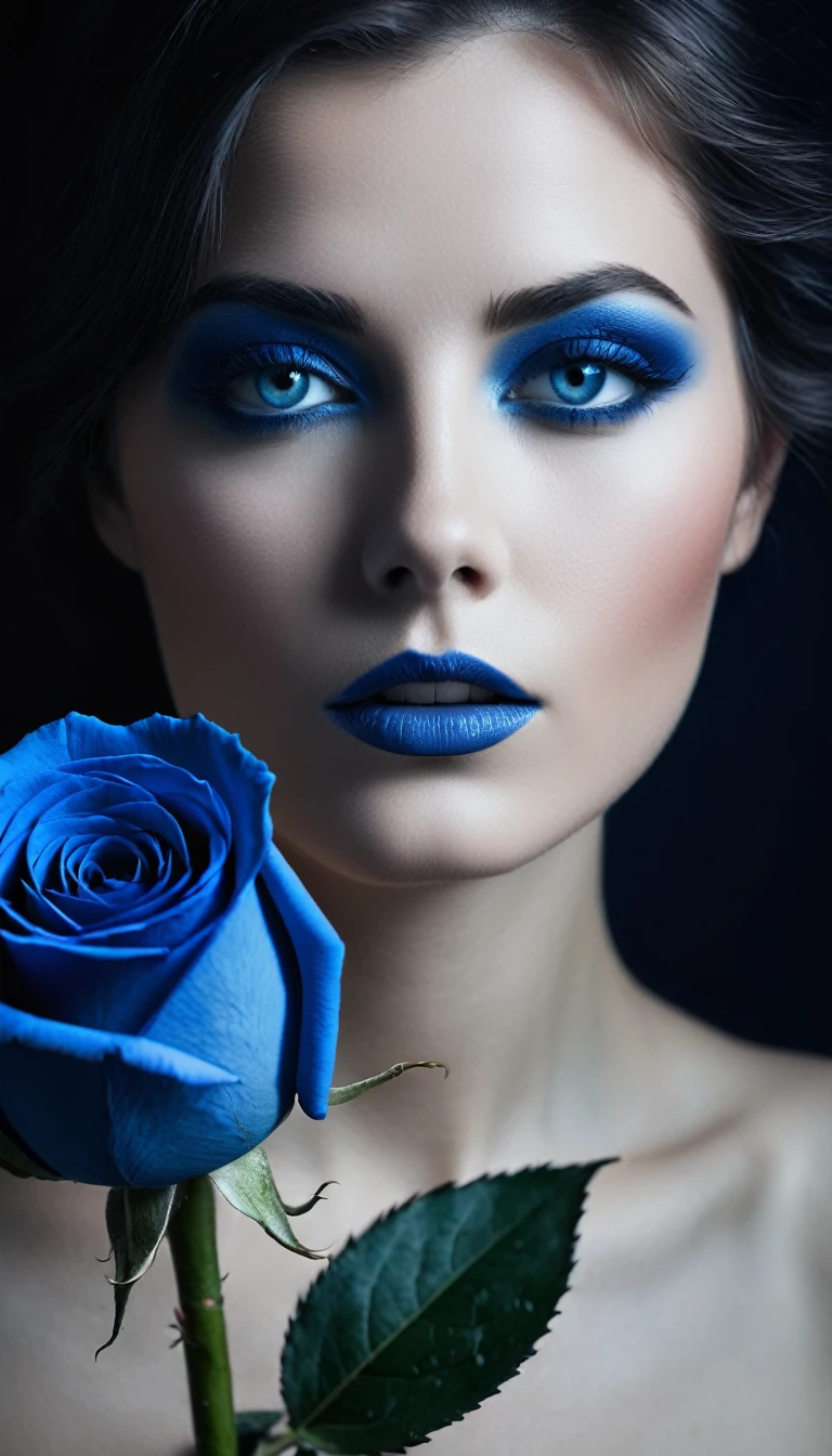 une femme aux yeux bleus, une peau impeccable, tir à moitié du corps, tenant une rose darkblue, style de photographie fantaisiste, capturé avec un appareil photo Arriflex 35BL utilisant des objectifs Canon K25, Cinématique, Éclairage dramatique, Extrêmement clair, masterpiece surréaliste à couper le souffle, photographie monochrome,  noir et blanc et bleu.
