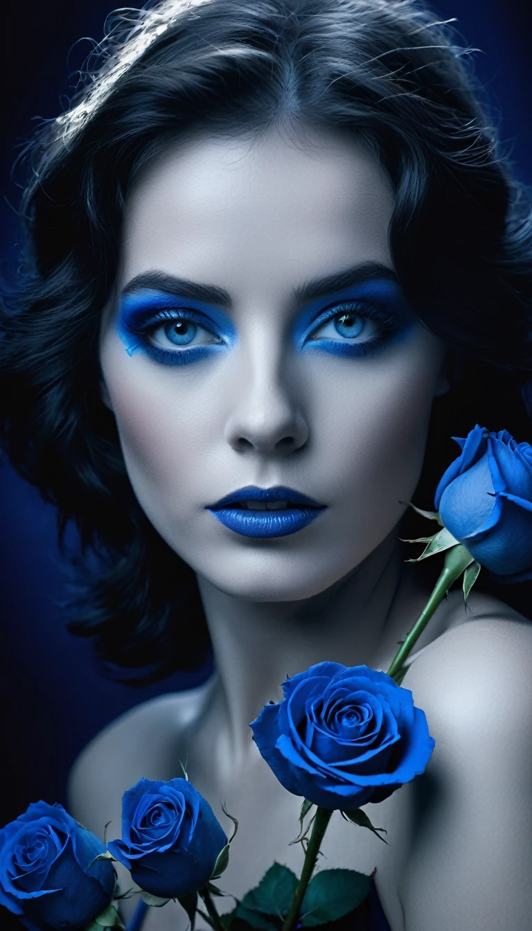 une femme aux yeux bleus, une peau impeccable, tir à moitié du corps, tenant une rose darkblue, style de photographie fantaisiste, capturé avec un appareil photo Arriflex 35BL utilisant des objectifs Canon K25, Cinématique, Éclairage dramatique, Extrêmement clair, masterpiece surréaliste à couper le souffle, photographie monochrome,  noir et blanc et bleu.

