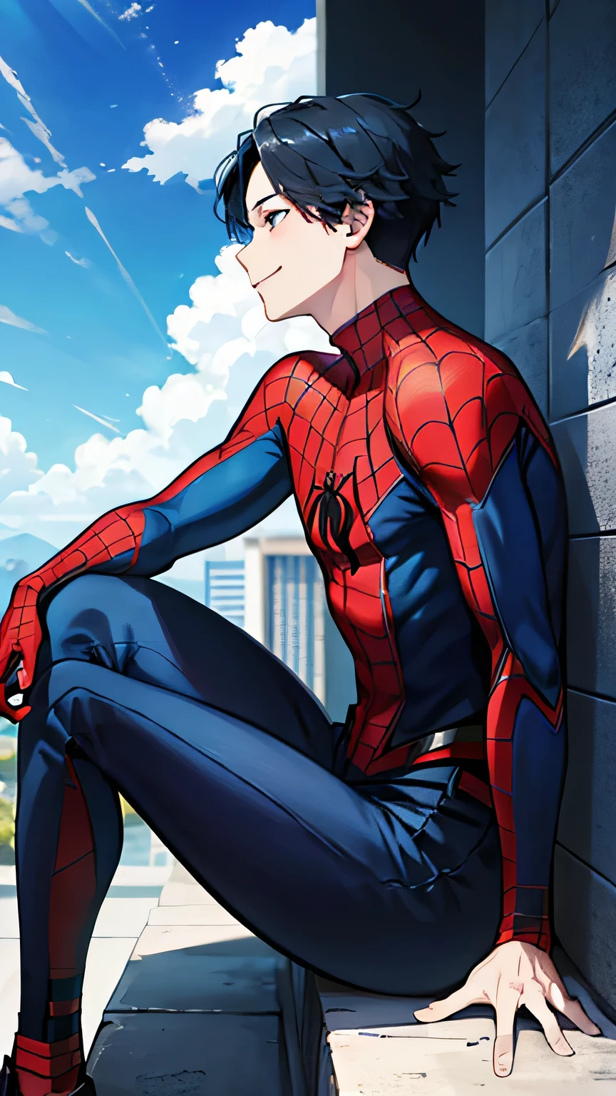 Highest quality、A young man cosplaying as Spiderman、smile、profile、blue sky、Black Hair、1 male