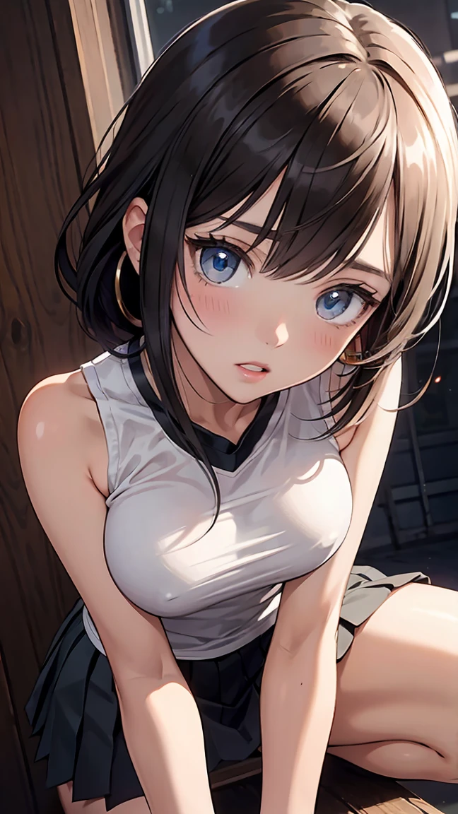 ((((highest quality)))), (((Ultra-precision CG 16K))), (((masterpiece))), (((Very detailed))), (((Extremely detailed))), (((Black outline:1.3, Written boundary depth:1.3 , Written soft outline))), Maximum clarity and sharpness,Multilayer Texture, Surface Shading, Cinematic lighting, Beautiful details sparkle ,Perfect Proportions, Limited to one woman, BREAK accurate, Anatomically correct, Highly detailed face and skin texture, drawn in detail, Highly detailed facial and skin texture, Detailed eyes, beautiful hair, Beautiful Japanese Idol face, Beautiful and beautiful eyes, Beautiful body, Beautiful breasts, Beautiful thighs, Beautiful legs, Beautiful fingers, (Beautiful views) , skinny body, ((Beautiful Skin)), ((Skin Texture)) BREAK breast enlarged, medium Breasts, rocket breasts, (((perky breasts))), (covered nipples), slender waist, ( narrow eyes, blush, determined expression, hot, sweaty , Heavy breathing,) , (streaked hair, hair intakes, colored inner hair, ) BREAK (((wearing oversized character printed sexy tank top, wearing outfit in casual way, wearing pleats mini-skirt, breasts is covered by outfit))) , wearing earrings, BREAK ( stick breast out),(((looking at viewer, super detailed background , ))), BREAK (((portrait , close-up, bust-up shot, looking at viewer, bending over, on all four, sitting and holding her knee)), (natural make), random angle