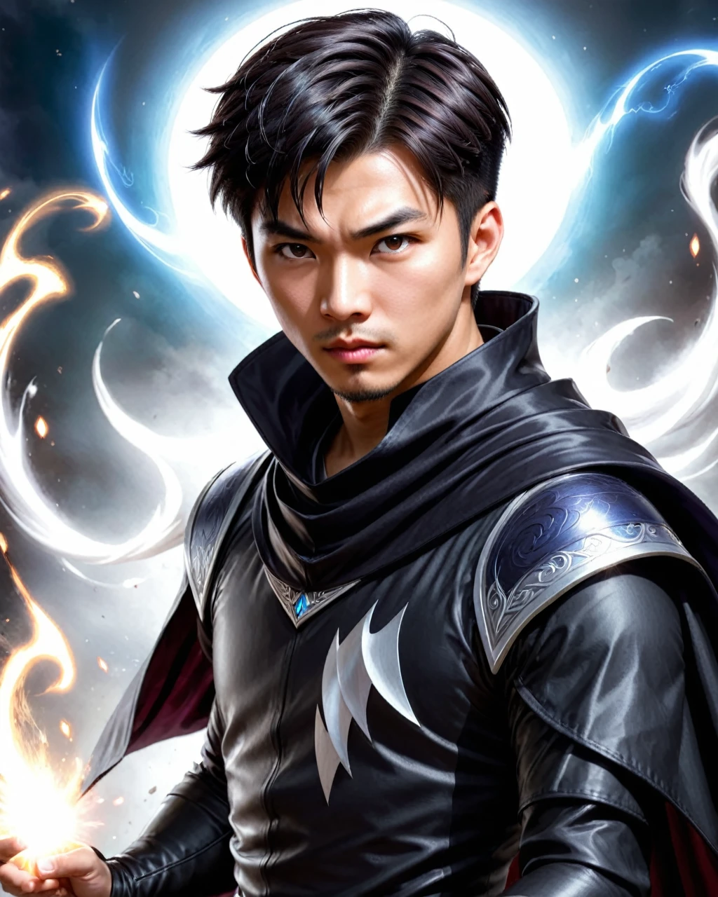 best quality, materpiece, detailed, ultra high definition, high resolution, magic the gathering, 1 male, solo, asian, close up, looking at viewers, short slick hair, cape, furious eyes, full black outfit, wizard, cowl