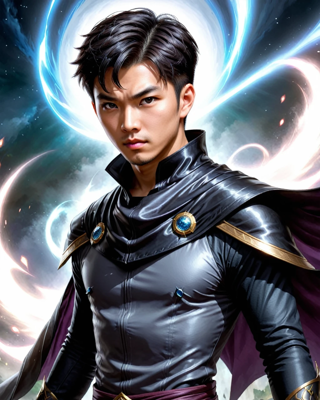 best quality, materpiece, detailed, ultra high definition, high resolution, magic the gathering, 1 male, solo, asian, close up, looking at viewers, short slick hair, cape, furious eyes, full black outfit, wizard, cowl