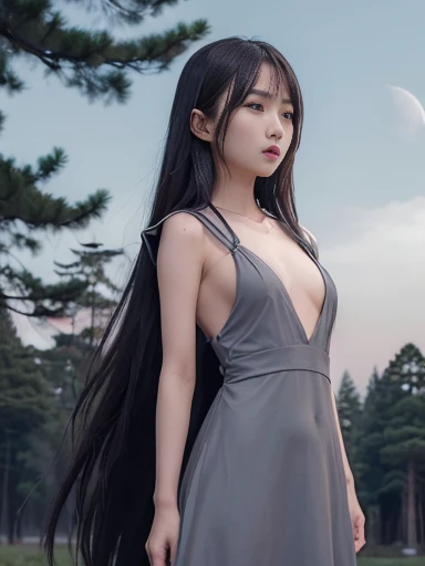 Japanese female, (underweight), (flat chest best quality:1.5),
forest, expressionless, standing, very long hair, (gray dress), with a crescent moon, (at midnight:1.2), ((dark fantasy, dark atmosphere, dark academia)), extreme long shot, ground-level shot