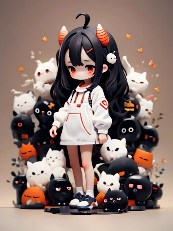 Young Girl,,Wearing a one-piece dress,Mini character,Red eyes,Black Hair,Long Hair,Dark atmosphere,Deformed character,Horns growing,Ahoge,
