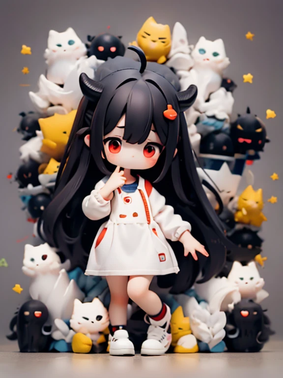 Young Girl,,Wearing a one-piece dress,Mini character,Red eyes,Black Hair,Long Hair,Dark atmosphere,Deformed character,Horns growing,Ahoge,
