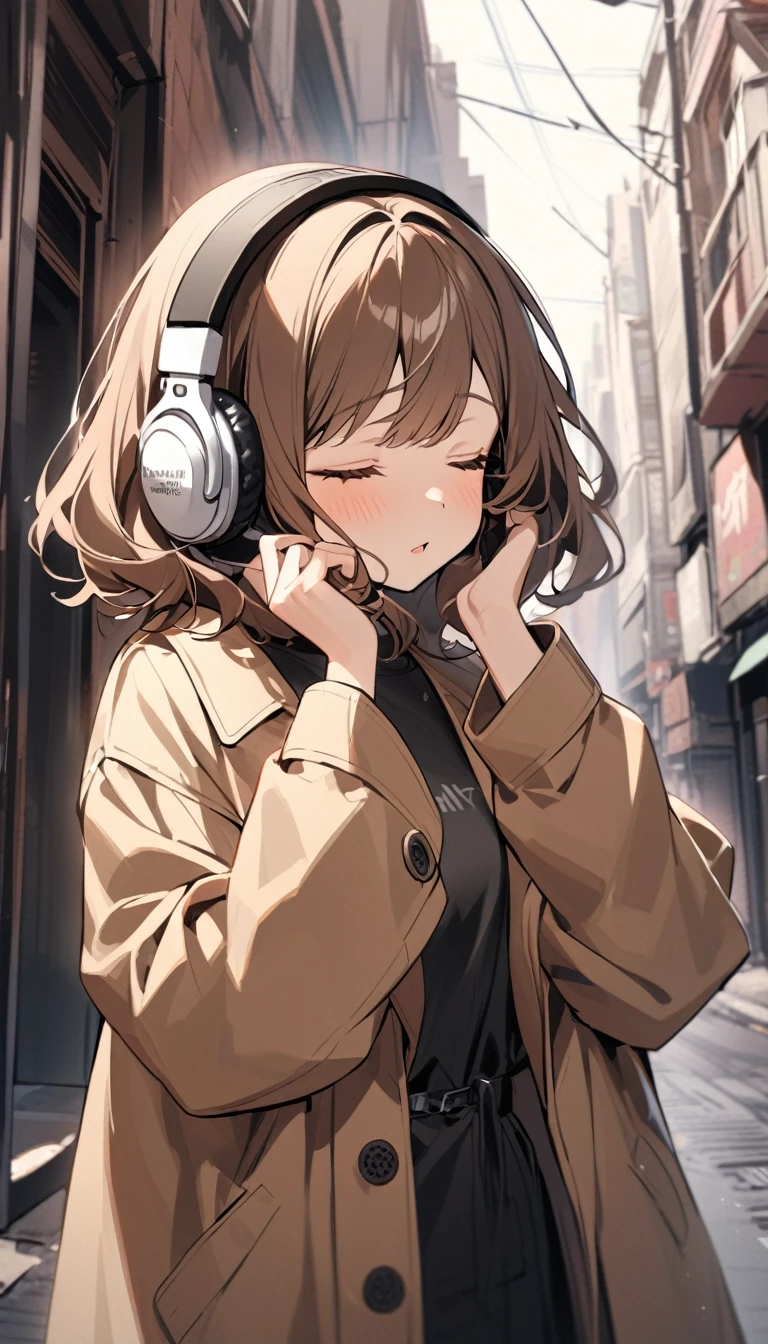 A girl with wavy brown bob hair wearing a dark beige coat.
I close my eyes and listen to music with my headphones on in the street.