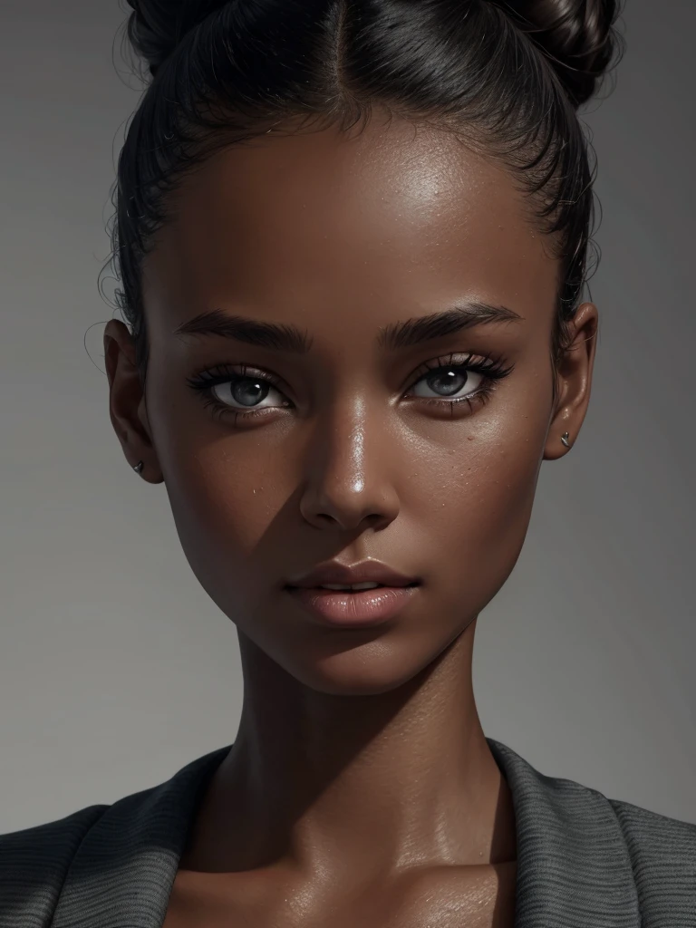 woman, face, front, tan, hair bun, skin details, pores, hyper realism, grey background, textured skin, super detail, high details, high quality, best quality, highres, HD, 4K
