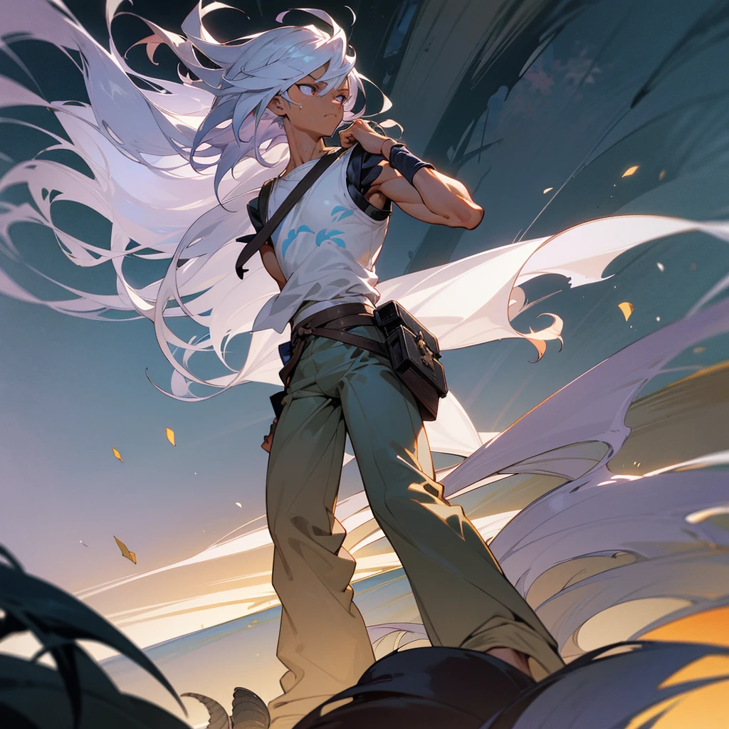 1male, muscular, tan skin, young , finely detailed lavander eyes, wild long hair, messy hair, seashell white color hair, adventurer gear, sleeveless shirt, baggy combat pants, night time, dark forest, somber expression, angry, flowers, standing on path, lanturns, black armband, cut over eyebrow