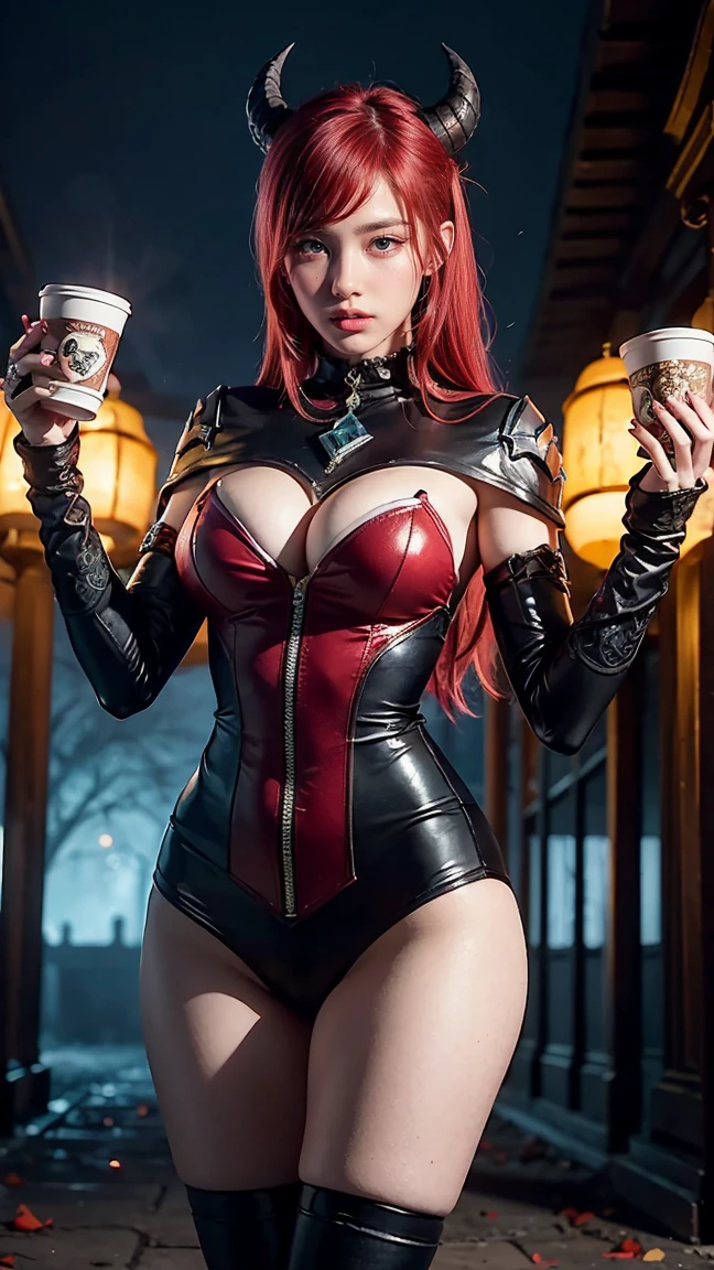 Depict Evelynn in her Blood Moon skin from League of Legends by Riot Games, wearing a red and black demonic outfit with intricate patterns, have massive k-cups, prowling through a blood moonlit shrine with an eerie atmosphere.