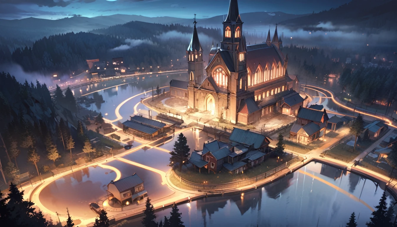 (masterpiece、premium quality、ultra detailed) , at night, Map of abandoned city,power outage, no electricity, mysterious, full of fog, cemetery, forest, hospitale, amusement park, river, church.