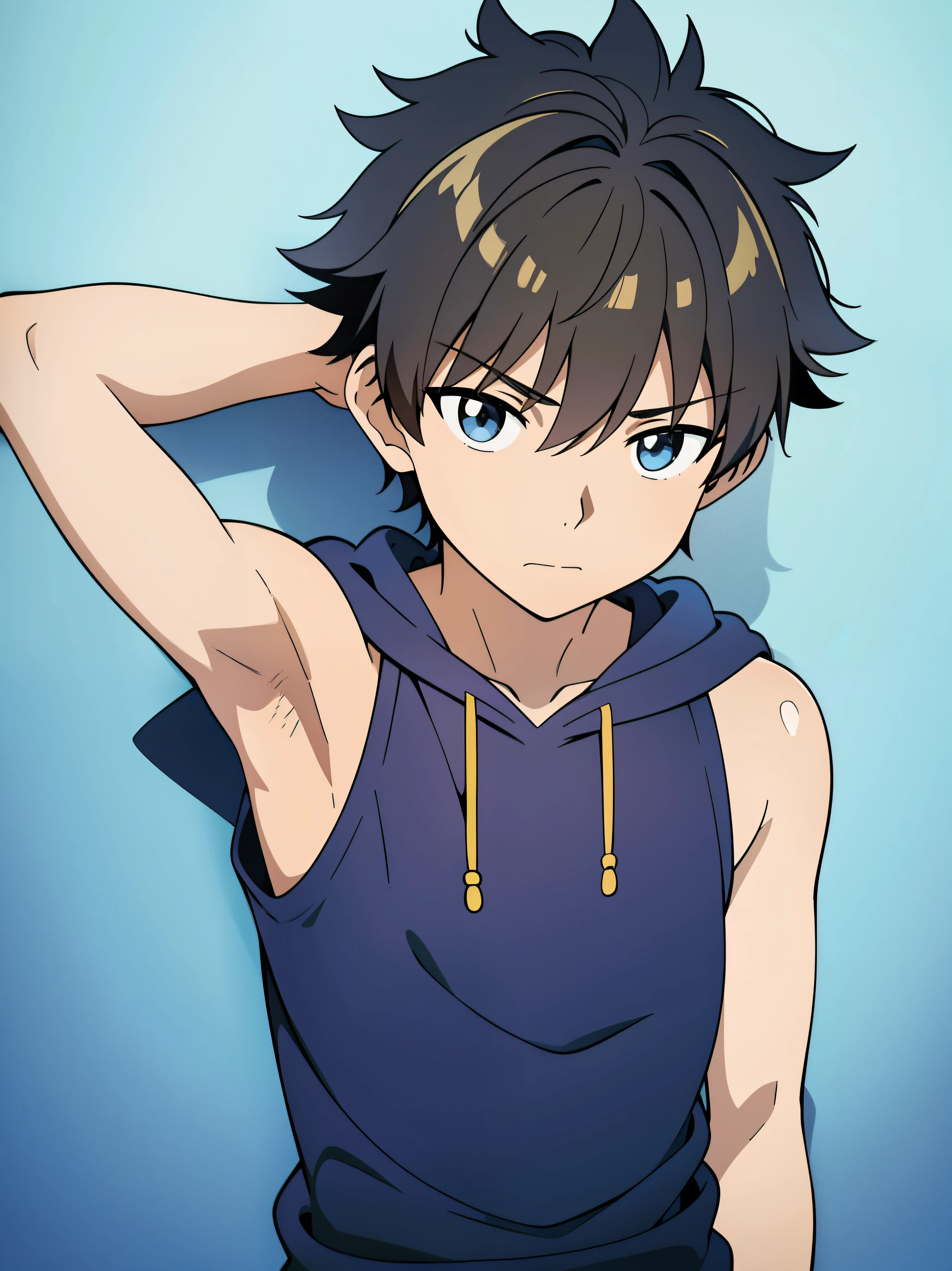 Highres, Masterpiece, Best quality at best,Best Quality,hight quality, hight detailed, Anime style, age 12, 1boy, Boy, Shota, Solo person, Young boy, upper body, slim body, messy hair, Sleeveless hoodie, bare shoulder, grey background, (Showing armpit:1.3), Give me a picture of the armpit of a young boy, the armpit looks clean and smells good, the armpit is very beautiful, the boy is teasing using his armpit, shine closer to the armpit, Cute armpit, Sexy armpit, seductive armpits, Such a cute smooth armpit, The armpits of a 12 year old boy, Adorable little armpits, Give me a proportional picture of a 12 year old boy's armpits, (very young boy), (Very small and short body), uhd, bokeh