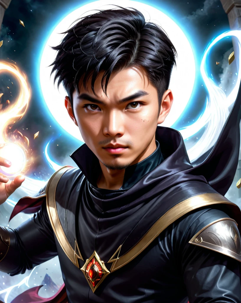 best quality, materpiece, detailed, ultra high definition, high resolution, magic the gathering, 1 male, solo, asian, close up, looking at viewers, short slick hair, cape, furious eyes, full black outfit, wizard, cowl