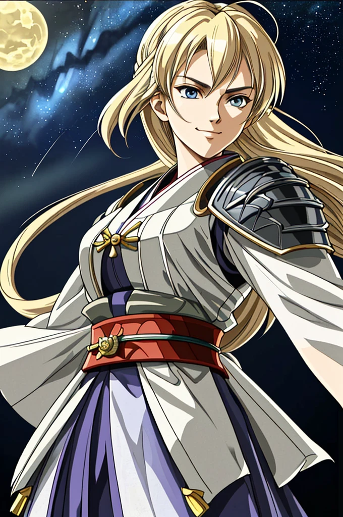 Highest quality, masterpiece, High resolution, alone,（Giorgia Meloni）, smile,, 1 Female,kimono，Italy，knife，Daimyo，No flag，Jinhaori，Fumaru，brigandine,gat,hauberk,Night Sky_background，Anime Style, Highest quality, 4K, masterpiece, Middle Age，Wrinkles，alone, 1 , whole body, (Front angle),(looking at the camera),(Artfully crafted brilliance,),(Two arms)，Looking at the camera,blue eyes，smug face， Shinkai Makoto style,blonde_hair， (Full Finger),(Accurate fingertips), (The finer details),(Anatomically correct),(映画のbackground), Hyper Detail, (Subtle details), (Intricate details), Octane Rendering，