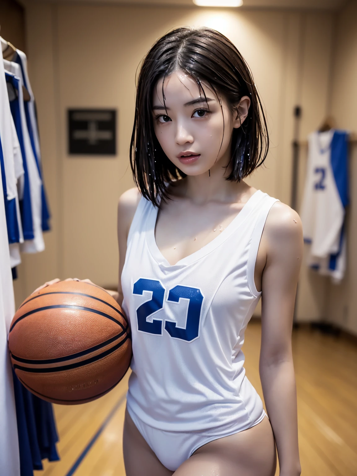 (masterpiece), Very detailed, Ultra-high resolution, Realistic, photo Realistic, High-resolution RAW color photos, Professional photos, Sharp focus, (Very detailed顔と肌の質感, Very beautiful eyes, Glossのある肌, Glowing Skin, Glowing Skin, Shining Face, Gloss, Oily skin, greasy face, Oily skin, greasy face,), (real Glossのある肌 texture), Perfect Anatomy, Very detailed背景,((Unmanned changing rooms)),(1 female,25-year-old woman, Japanese women),(lean slender body、Slender legs),short hair, Straight hair, bangs, Brown Hair,(Flat Chest:1.6),(Erect nipples), (((White sleeveless basketball uniform)))、((Wet uniform:1.4))、 (((Sexy T Panties)))
