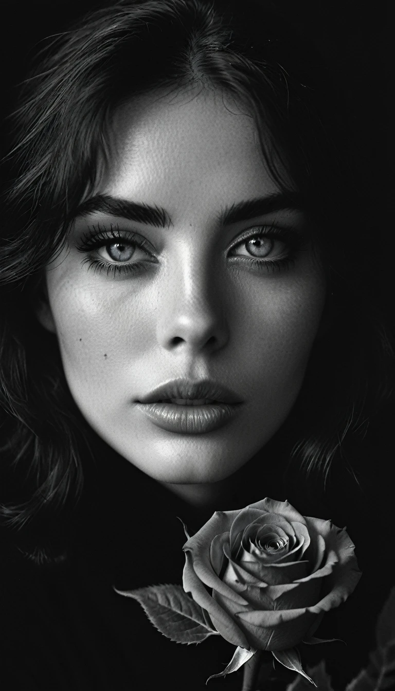 une femme aux yeux bleus, une peau impeccable, tir à moitié du corps, tenant une rose noire, style de photographie fantaisiste, capturé avec un appareil photo Arriflex 35BL utilisant des objectifs Canon K25, Cinématique, Éclairage dramatique, Extrêmement clair, masterpiece surréaliste à couper le souffle.
