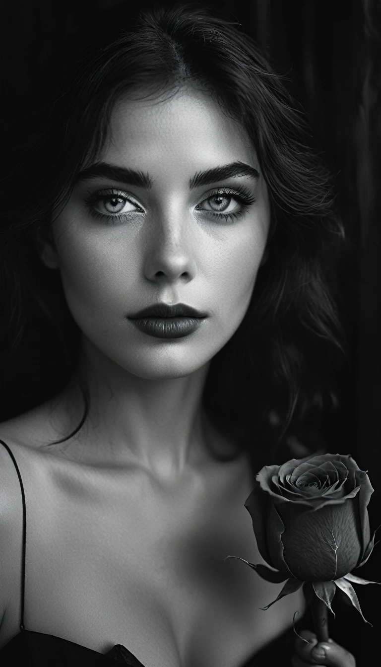 Photo noir et blanc et bleu profond, une femme aux yeux bleus sublimes, cheveux long bleus électriques très détaillés, une peau impeccable, tir à moitié du corps, tenant une rose darkblue, intensité du regard captivant, style de photographie fantaisiste, capturé avec un appareil photo Arriflex 35BL utilisant des objectifs Canon K25, Cinématique, Éclairage dramatique, Extrêmement clair, masterpiece surréaliste à couper le souffle.
