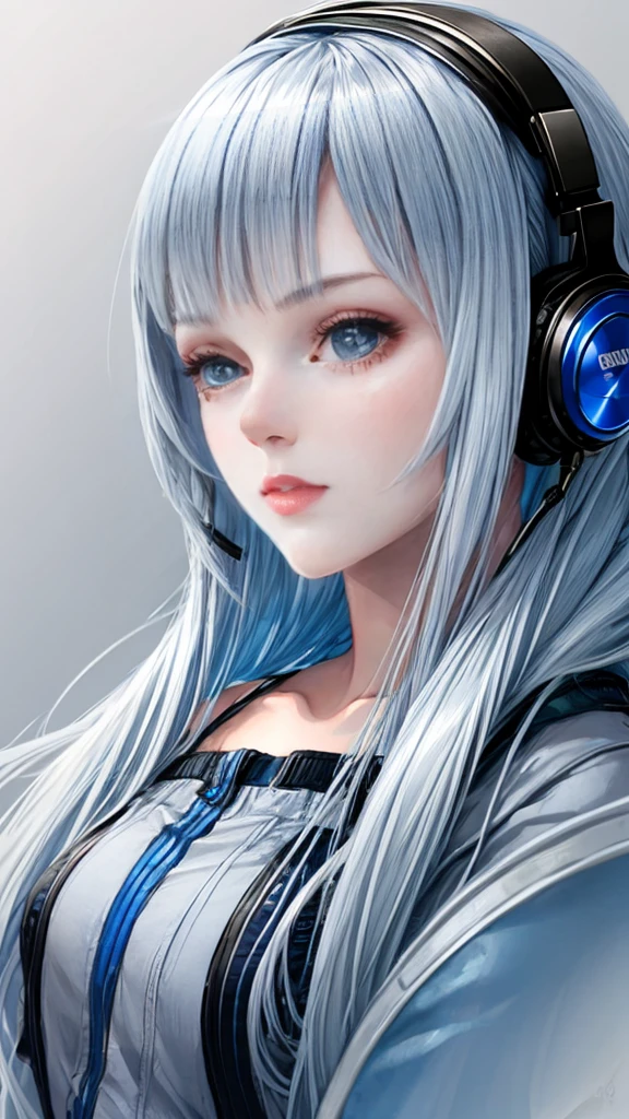 A beautiful girl with silver hair and blue eyes wearing blue cat-ear headphones. She has a neat and attractive facial appearance with almond-shaped, slanted eyes. The scene should highlight her striking features and the vibrant color of her headphones.
High-resolution model, Winner of numerous awards, Very detailed, Textured skin, Ultra high definition, Highest quality,