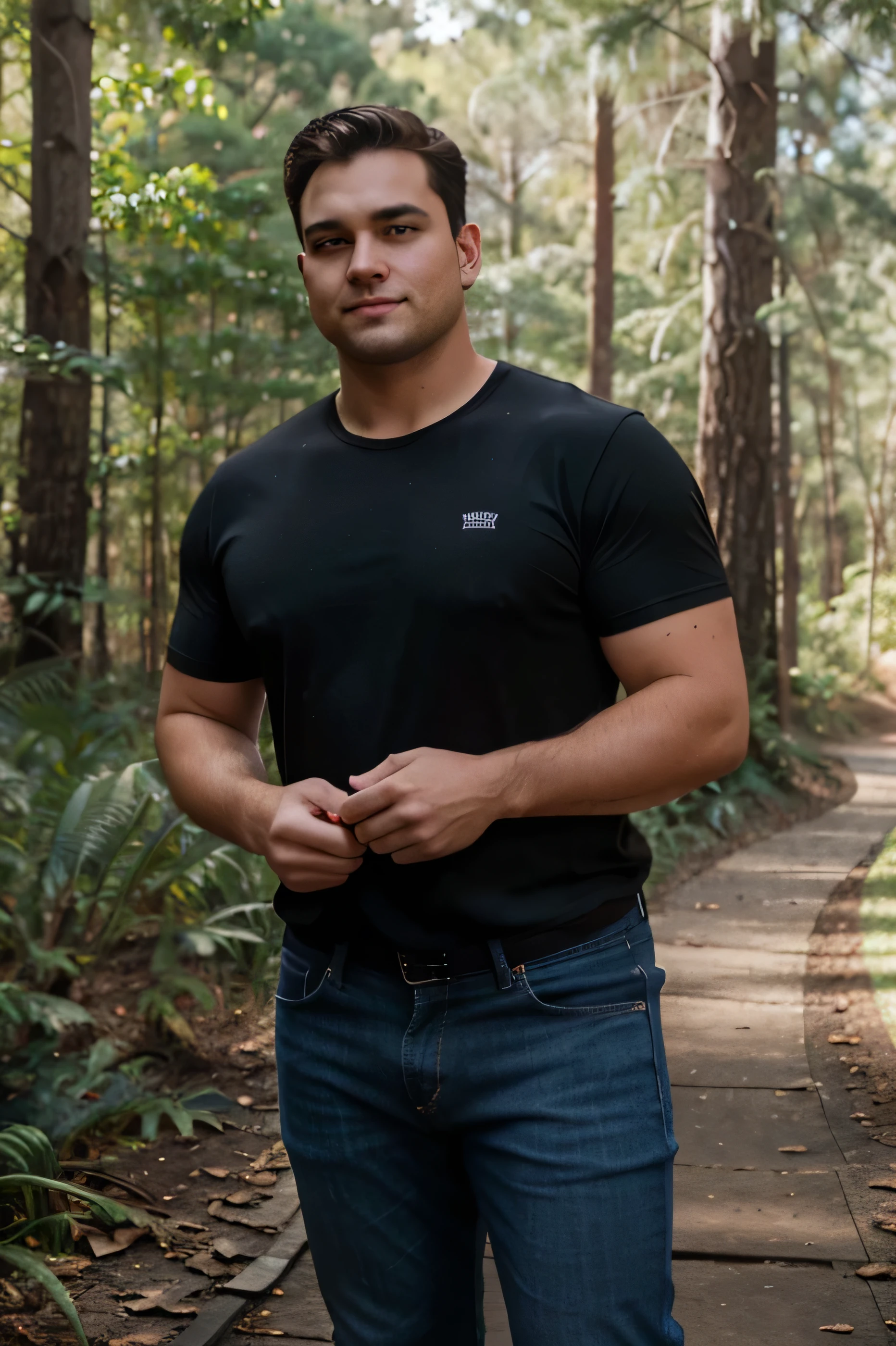 K, Raw-Photo, best quality, ​masterpiece, cinematic shot: 21 years old, Man, dark brown hair, 110kgs, endomorph, stocky, short sleeve black tshirt, dark jeans, brown eyes, standing, forrest, shaved face and woman, blue eyes, mid 20s, light blonde hair, smilling, blue jeans, white short sleeve shirt, white shoes, australian forrest background