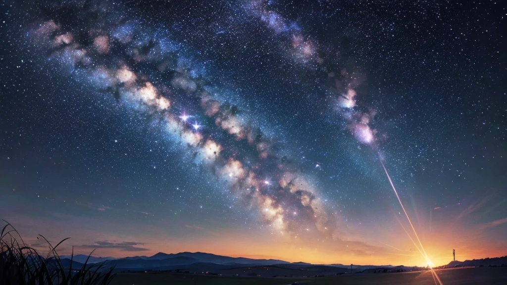 Please draw a summer night sky。The Milky Way flows vividly、So that the constellations can be seen clearly。In the background, grasslands and forests spread out.、Express the tranquility of nature