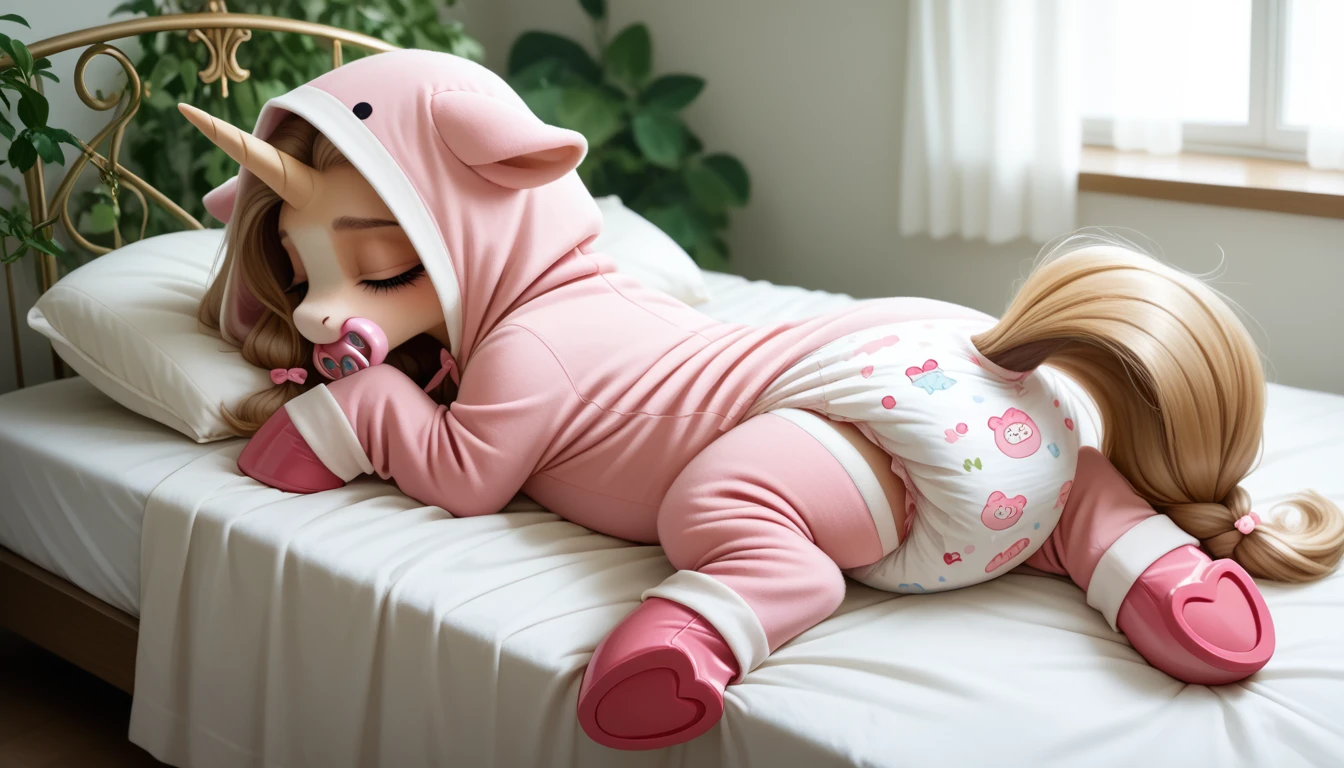 pony, light caramel unicorn, adult mare, sleeps in an adult-sized crib, closed eyes, lush mane braided, bushy tail, dressed in bright pink an onesie adult size and pink booties adult size, pink pacifier in mouth, solo, thick light pink diaper under clothes.