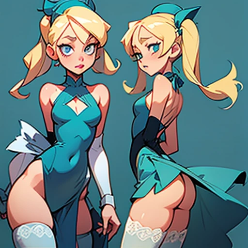Slim woman with pronounced hips, With blonde hair and two long pigtails to the sides and a blue headband, small blue lips, big blue eyes dressed in erotic green lingerie With white stockings , in various views (front and back) ((Character sheet))