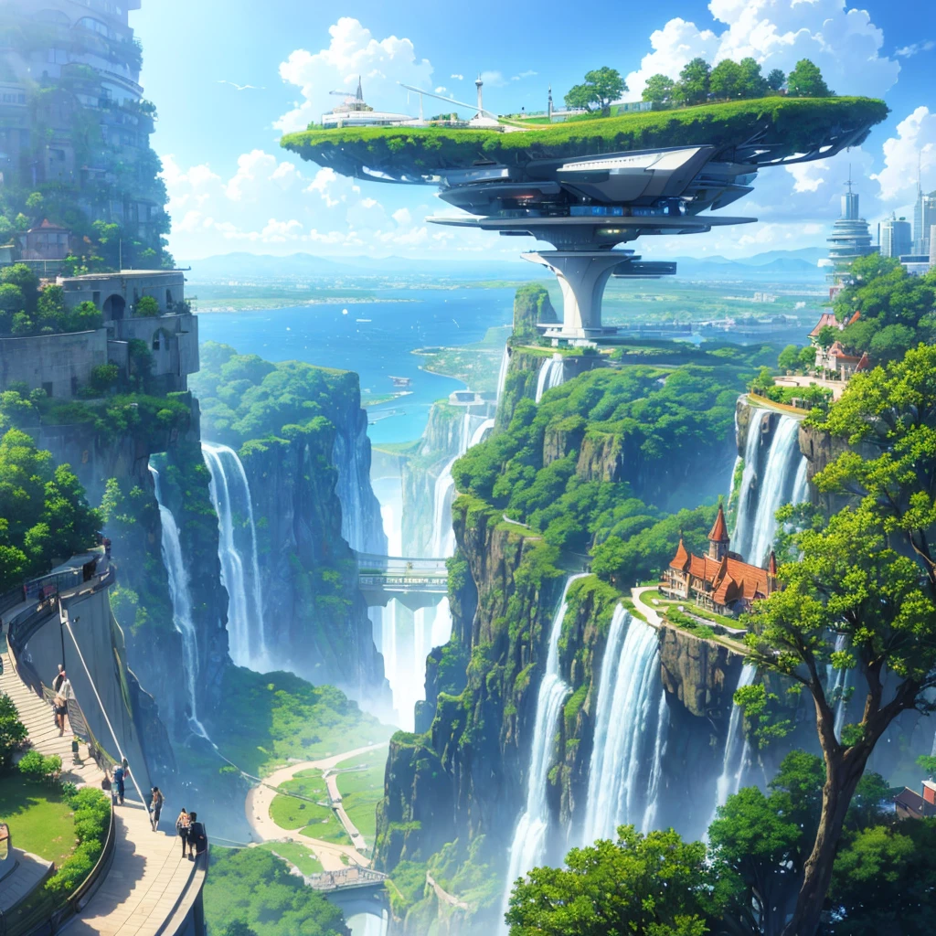 Seaside scenery, Blue sky and clouds、Ultra HD、Ultra-delicate details、(Highest quality,4K,8k,High resolution,masterpiece:1.2),Very detailed,(Realistic,Realistic,Photorealistic:1.37),Future Technology,Huge urban high-tech tablet platform,airship,Floating in the sky,Future City,小さなairshipが周囲に,High-tech hemispherical platform,Colorful lights,High-level architecture,Modern architecture,Skyscraper,Access the cloud,Beautiful views,City view,Impressive design,Seamlessly blending with nature,vibrant and lively atmosphere,Future Transportation Systems,No Parking,Transparent path,Lush greenery,Sky Garden,waterfall,Spectacular Skyline,Reflection on the surface of the water,Shining River,Architectural Innovation,Futuristic skyscrapers,Transparent Dome,The building has an unusual shape,Elevated walkway,Impressive Skyline,Glowing lights,Future Technology,minimalist design,Scenic spots,panoramic,tower that pierces the clouds,Vibrant colors,Spectacular sunrise,Spectacular sunset,Dazzling light display,Magical atmosphere,Future City,Urban Utopia,Luxury Lifestyle,Innovative Energy,Sustainable Development,Smart City Technology,Advanced Infrastructure,Quiet atmosphere,Nature and technology coexist in harmony,Great cityscape,Unprecedented urban planning,Architecture seamlessly connects with nature,High-tech city,A marvel of cutting-edge engineering,The future of urban living,A visionary architectural concept,Energy-efficient buildings,Harmony with the environment,A city floating above the clouds,Utopian dreams become reality,The possibilities are endless,Cutting-edge transportation network,Green Energy Integration,Innovative Materials,Impressive holographic display,Advanced Communication Systems,Breathtaking aerial views,Quiet and peaceful environment,Modernist aesthetics,Heavenly Beauty