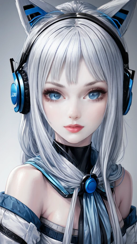 A beautiful girl with silver hair and blue eyes wearing blue cat-ear headphones. She has a neat and attractive facial appearance with almond-shaped, slanted eyes. The scene should highlight her striking features and the vibrant color of her headphones.
High-resolution model, Winner of numerous awards, Very detailed, Textured skin, Ultra high definition, Highest quality,