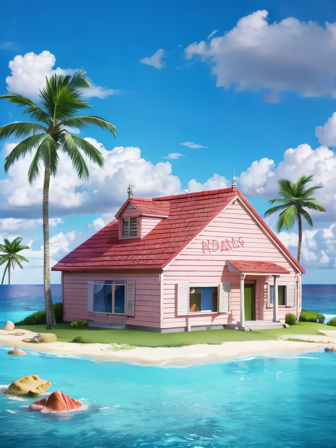 (masterpiece, best quality:1.2), professional lightings, cinematic lightings, 8k wallpaper, (ultra realistic & detailed exterior of Kame house, red open gable roof, pink painted wall), palm trees, island surrounded by aqua marine ocean, Kame house house built on green turf, small beach in front, on tiny & narrow island, cumulonimbus in blue sky, 