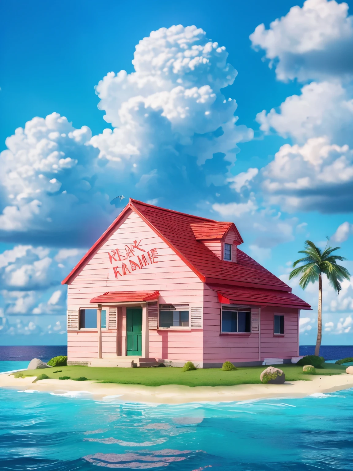 (masterpiece, best quality:1.2), professional lightings, cinematic lightings, 8k wallpaper, (ultra realistic & detailed exterior of Kame house, red open gable roof, pink painted wall), palm trees, island surrounded by aqua marine ocean, Kame house house built on green turf, small beach in front, on tiny & narrow island, cumulonimbus in blue sky, 