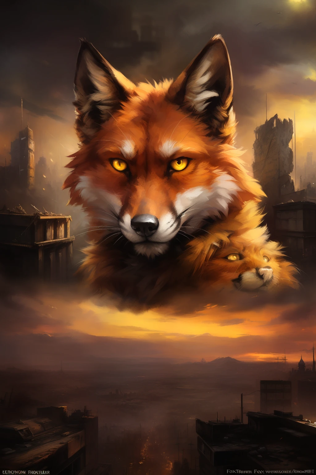 (ultra detailed), a captivating full-size portrait of a fox anthro, (post-apocalyptic world), (fox looking over), ((detailed eyes, yellow eyes, glowing eyes)):1.1, (medium close up shot), (overhead perspective), (ruined cityscape, crumbling buildings, desolation):1.3, (smoky atmosphere, dusty environment):1.2, (detailed background), (photo-realistic), (realistic fur, detailed paws), (8k HD), (dark shadows, wide dynamic range, hdr, low light:1.2), by (by Kenket, by Foxovh, by Ross Tran