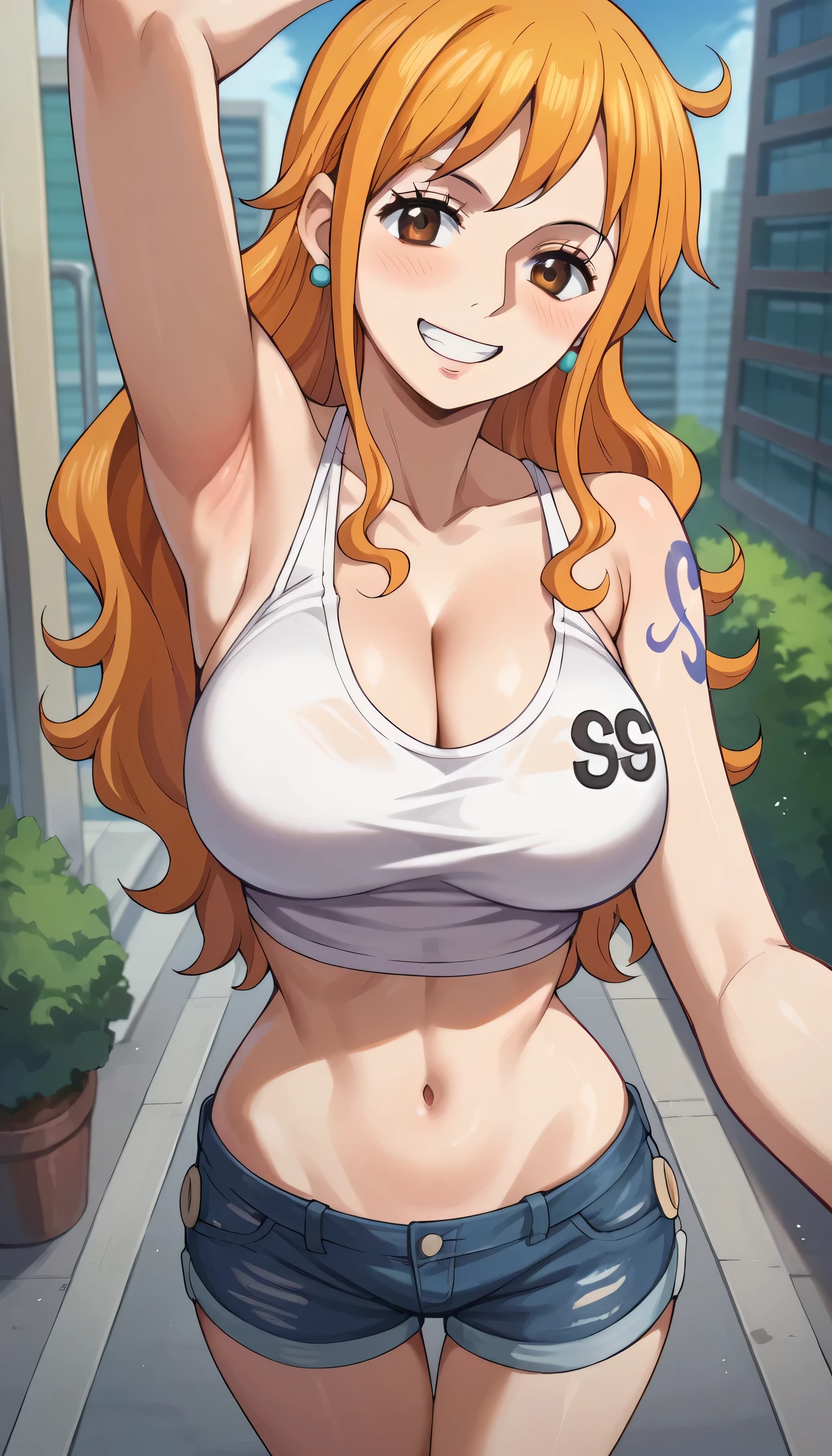 score_9, score_8_up, score_7_up, score_6_up, score_5_up, score_4_up, BREAK source_anime,POV,city,outdoor,standing, nami, orange hair, long hair, wavy hair, brown eyes, large breasts, best quality, beautiful, sexy, Shirt, white shirt, crop top, Denim hot pants, smile, blush, cleavage, armpit 