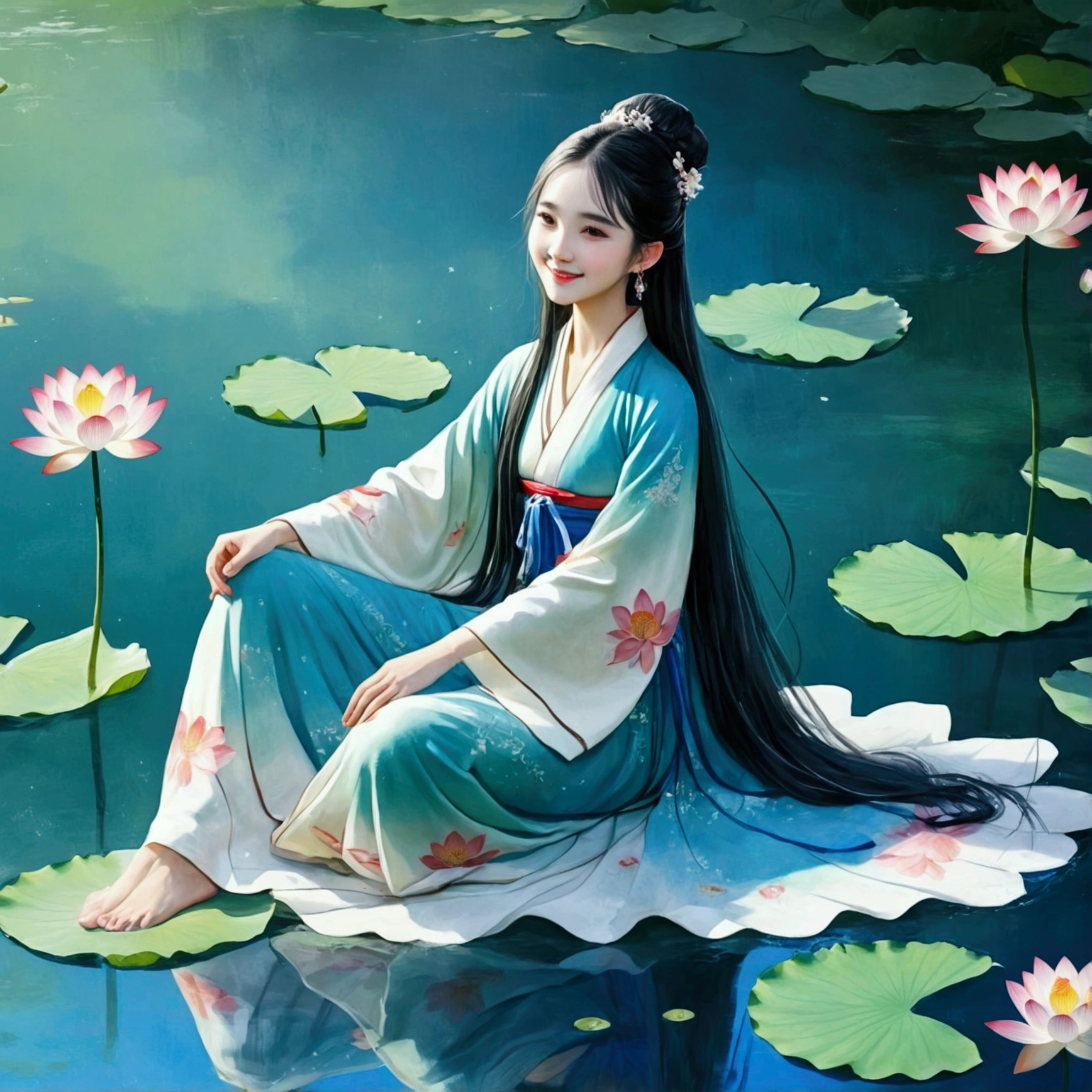 ((4K,masterpiece,best quality)), Bisim, Traditional Chinese ink painting, lotus, Hanfu, maxiskit, Dress conservatively 1girl, Solitary, Blue long hair, Smile, permanent, Feet in water, barefoot,