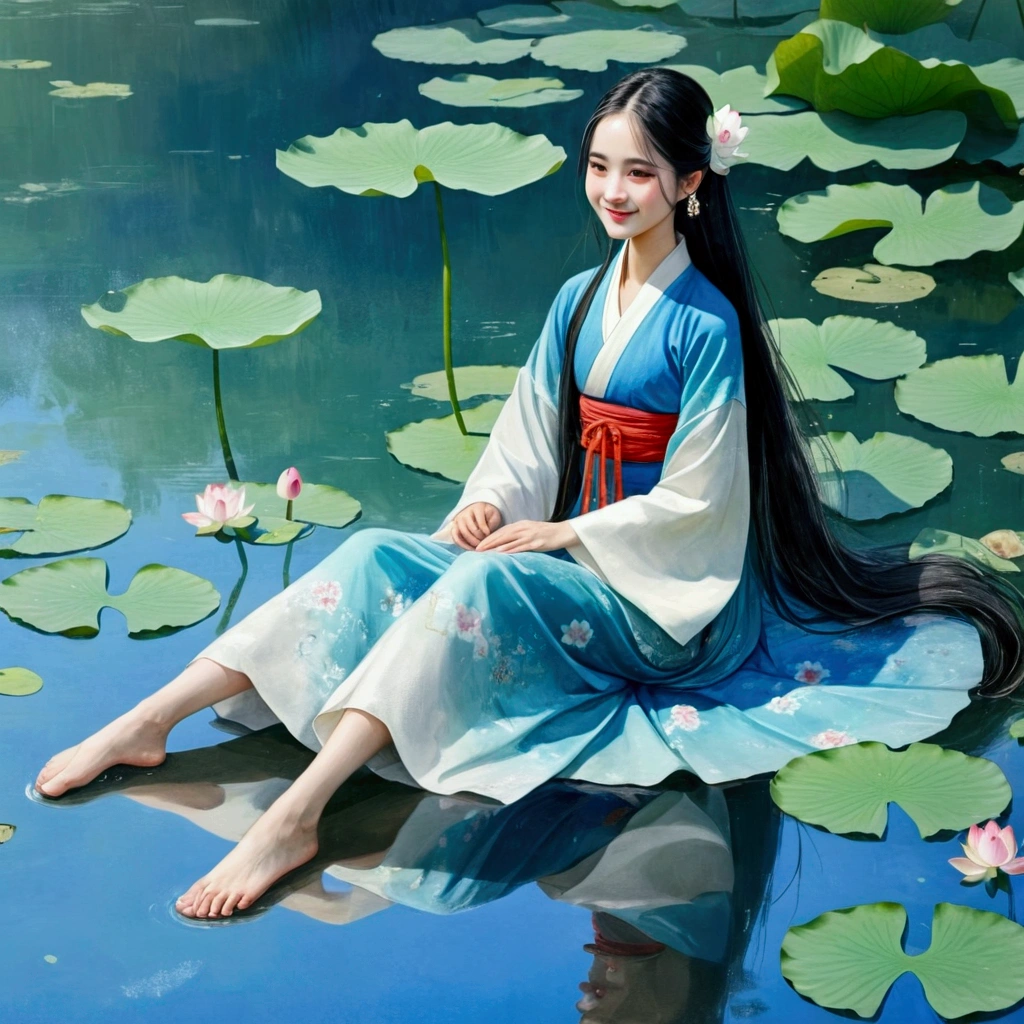 ((4K,masterpiece,best quality)), Bisim, Traditional Chinese ink painting, lotus,  Hanfu, maxiskit, Dress conservatively 1girl, Solitary, Blue long hair, Smile, permanent, Feet in water, barefoot,
 