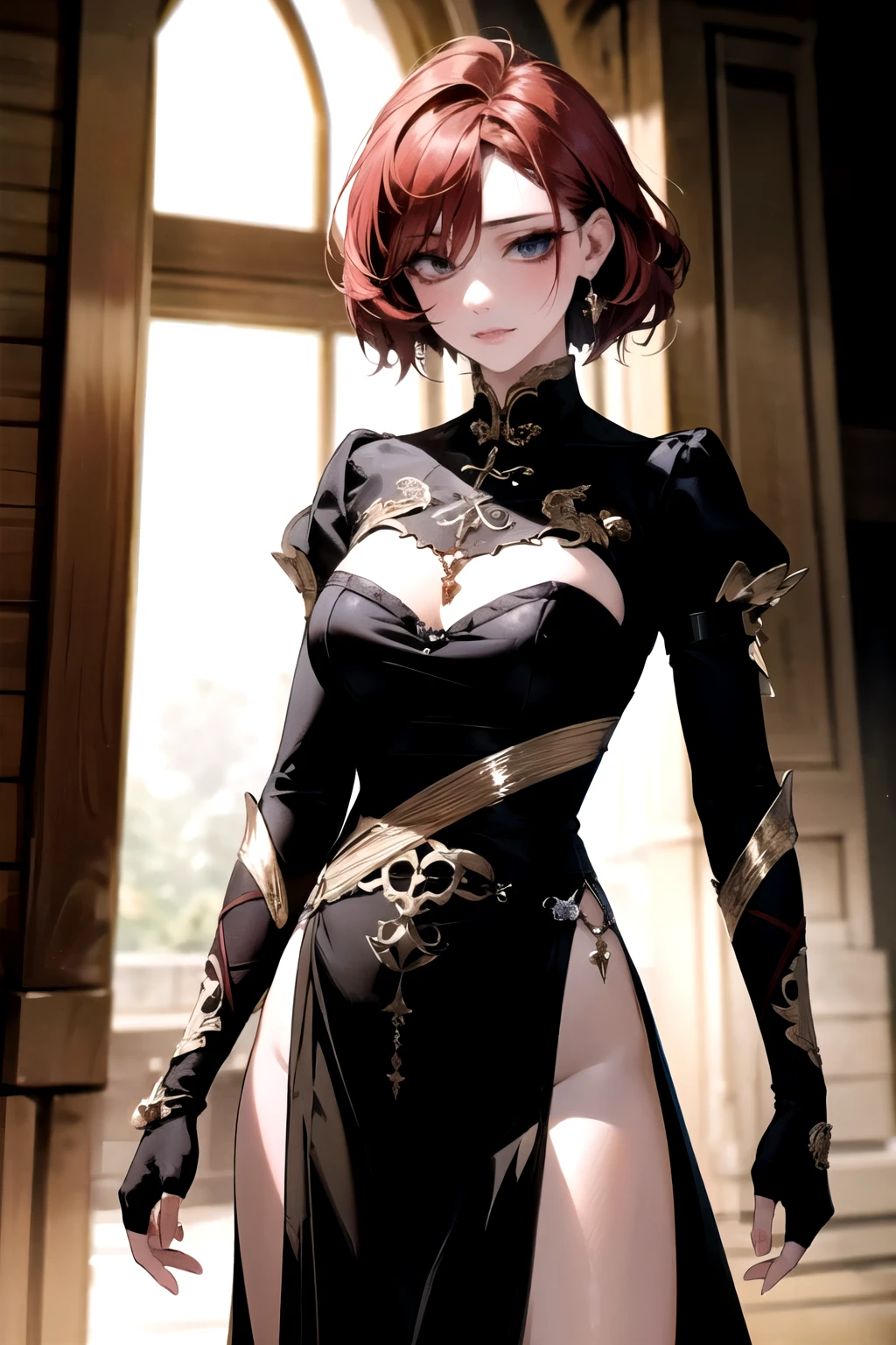 ((best quality)), ((masterpiece)), (detailed), Photorealistic, high resolution, mature woman, Hips up, jewelry, เสื้อผ้าขนาดใหญ่, ผมหางม้าทรงสูง, red hair, หน้าอกใหญ่, HDR (high dynamic range), After processing, Anisotropic filtration,depth of field, Maximum clarity and clarity, multi-layered surface, perfect proportions, 8K raw files, กระโปรงสั้น, natural lighting, soft lighting, sunlight, evening, Feiyu_clothes, red-fabric, gold embroidery, Gold embroidered black bracer,ศาลเจ้า, ตอนเย็น,
