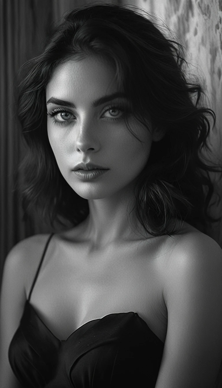 Photo noir et blanc et bleu profond, une femme aux yeux bleus sublimes, cheveux long bleus électriques très détaillés, une peau impeccable, tir à moitié du corps, tenant une rose darkblue, intensité du regard captivant, style de photographie fantaisiste, capturé avec un appareil photo Arriflex 35BL utilisant des objectifs Canon K25, Cinématique, Éclairage dramatique, Extrêmement clair, masterpiece surréaliste à couper le souffle.
