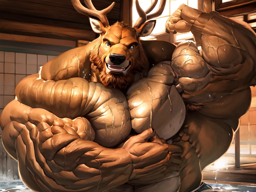 muscular old man soak in the onsen, furry, an anthro (brown deer), an anthto, bearded, happy expression, detailed face, face, detailed eyes, eyes, really big muscle, bigger muscle, very big muscular, over sized muscle, biggest muscle, big pec muscular, biggest pec muscle, detailed muscle, photography, background