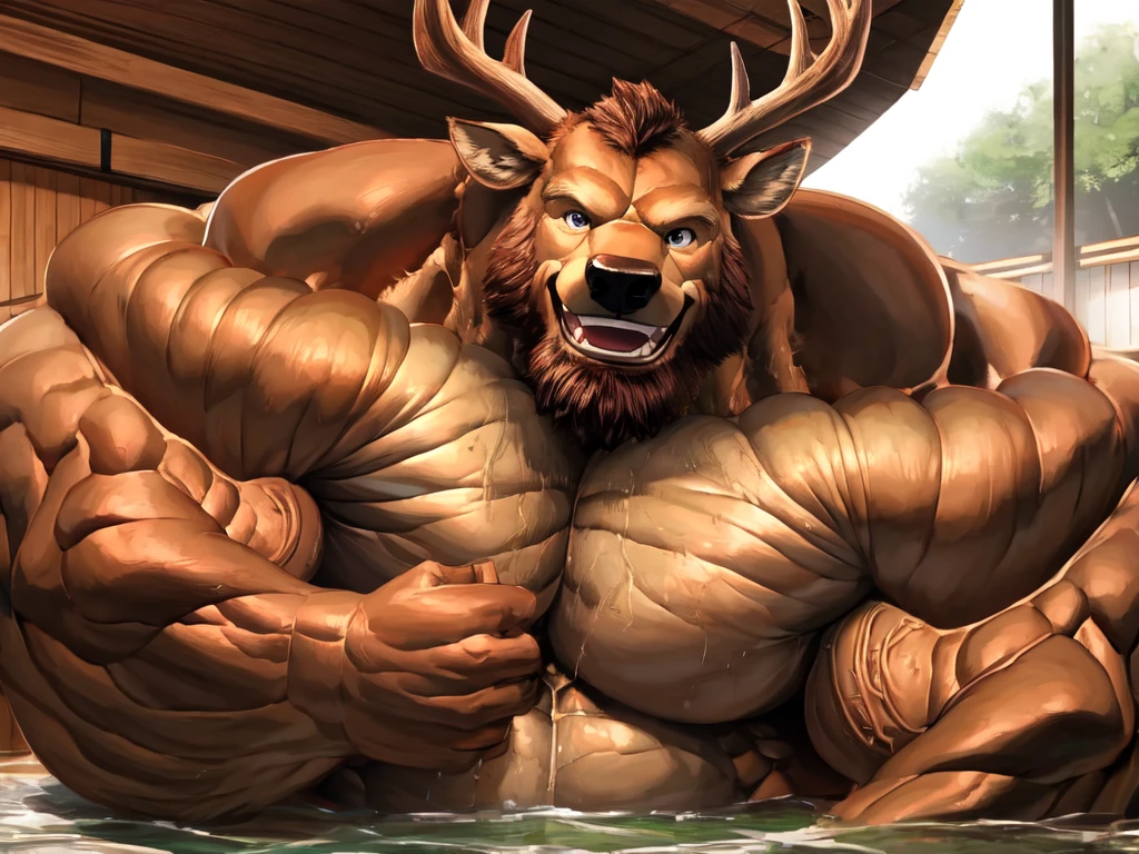 muscular old man soak in the onsen, furry, an anthro (brown deer), an anthto, bearded, happy expression, detailed face, face, detailed eyes, eyes, really big muscle, bigger muscle, very big muscular, over sized muscle, biggest muscle, big pec muscular, biggest pec muscle, detailed muscle, photography, background