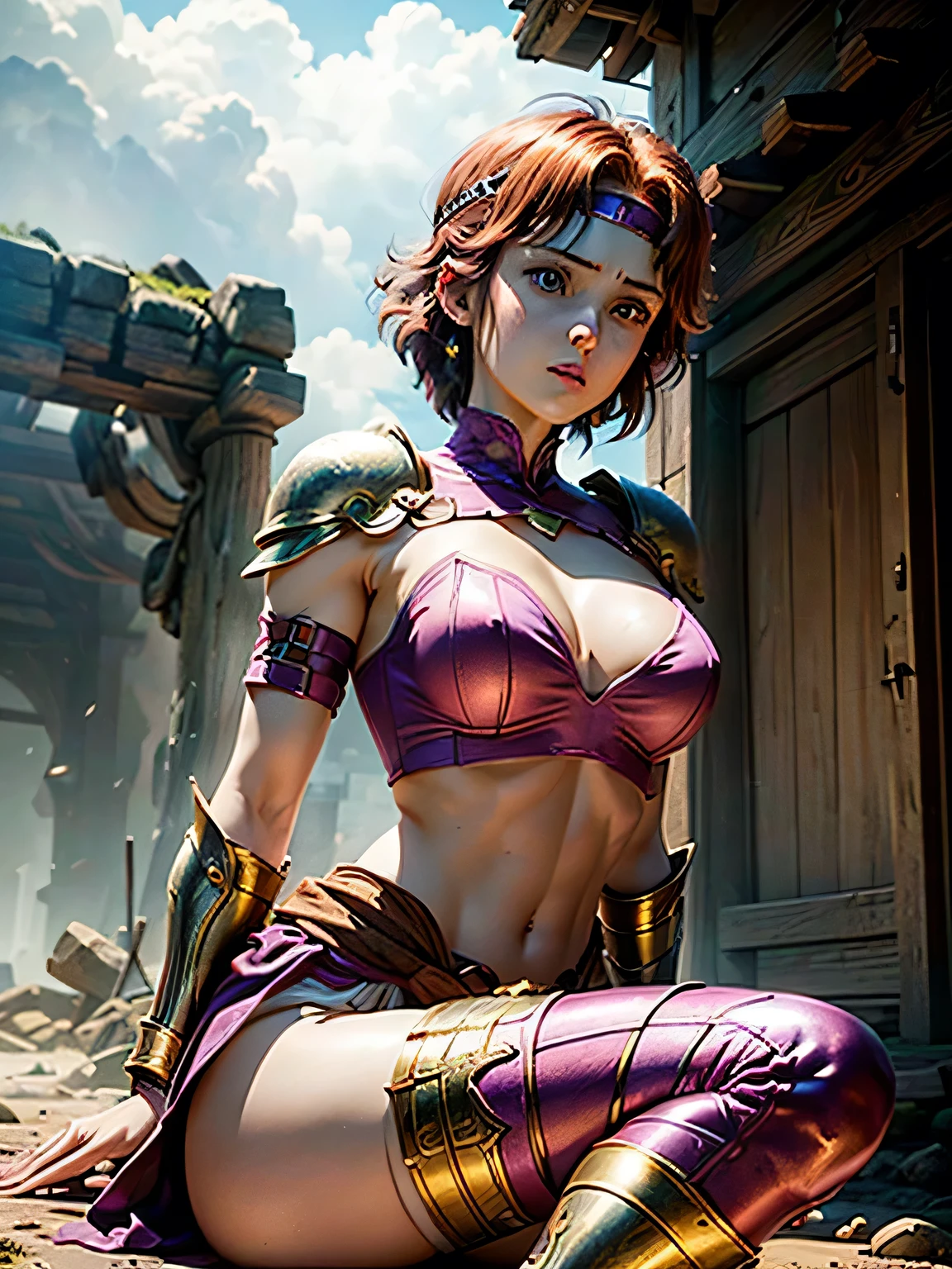 Fist of the North Star style, Beautiful face, (A little skinny, slender body:1.25), Perfect Face, Ultimate beauty woman, (Rin, 20 years old, Reddish brown hair, Short cut hairstyle), (golden shoulder guards:1.2, Pink headband with gold trim and gemstones), Very cute, slightly fragile face, (white fabric hangs down from the front of her waist:1.3), Highly detailed CG, Super detailed, (Vertical gold upper arm guard, Reddish purple shiny arm guards), 
BREAK 
(A pale pink Bustier-style armor:1.25), (Wearing Pale pink leggings pants:1.25, Reddish purple Shiny Long knee-high boots), (Clench your right hand in front of your chest:1.2), Cleavage, desolate wasteland, Dramatic art, threatening, A pretty woman with perfect figure, anime realism style, A woman of noble character, Desertified World, Elegant warrior outfit, the wind is blowing, Skin texture details, Highly detailed CG, (Perfect detail:1.1), high definition, high definition and beautiful, 8k wallpaper, Wearing something like a gold belt, natural soft lighting, HDR, Realistic Skin, Depth of written boundary, (masterpiece:1.2, Highest quality), (Detailed eyes and face:1.2), anime background art, overcast, Extremely finely detailed, wilderness, Perfectly shaded body, Pale skin, pale blue eyes, Light shines through the gaps in the clouds, Wearing elegant skimpy underwear, 