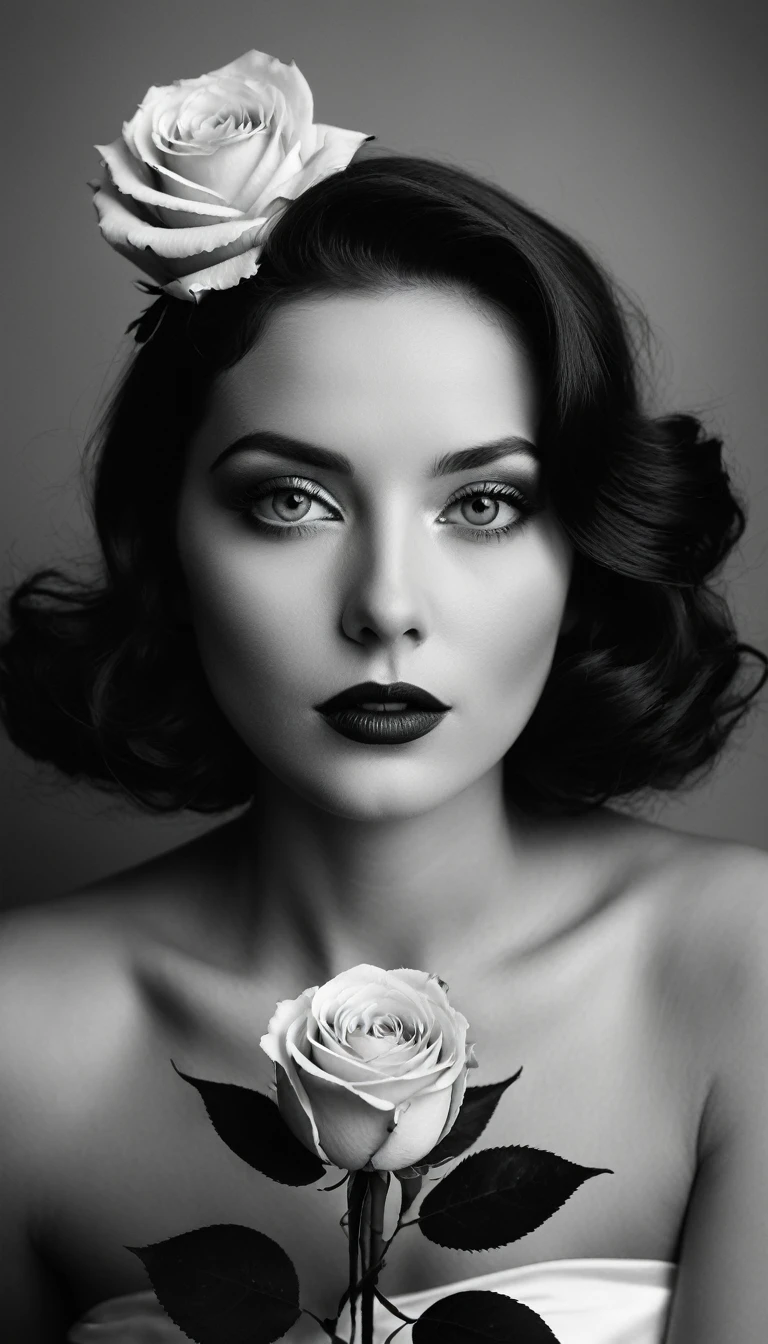 Photo noir et blanc et bleu profond, une femme aux yeux bleus sublimes, cheveux long bleus électriques très détaillés, une peau impeccable, tir à moitié du corps, tenant une rose darkblue, intensité du regard captivant, style de photographie fantaisiste, capturé avec un appareil photo Arriflex 35BL utilisant des objectifs Canon K25, Cinématique, Éclairage dramatique, Extrêmement clair, masterpiece surréaliste à couper le souffle.
