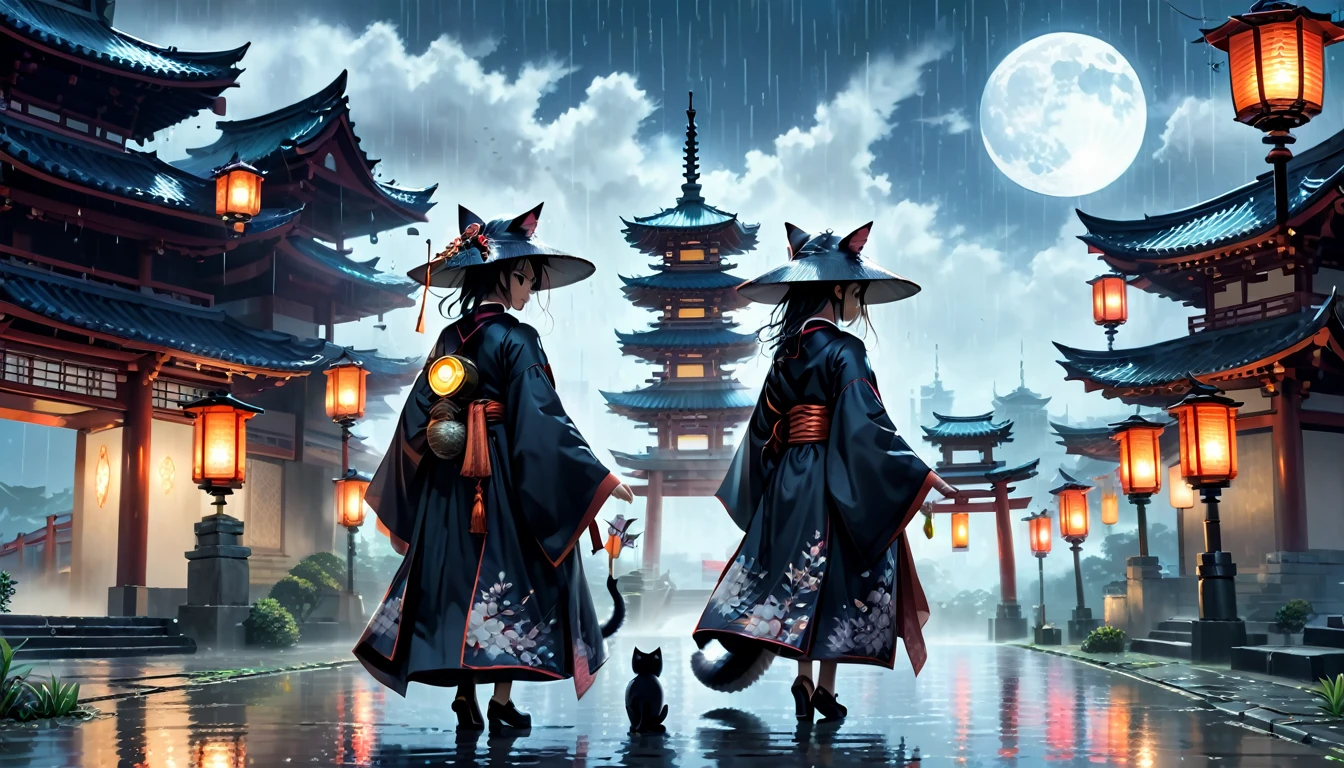 A dark fantasy scene featuring an anime character with cat ears, wearing a traditional, flowing robe and wide-brimmed hat, standing on a rain-soaked pathway in a mystical city. The character faces away from the camera, revealing intricate embroidery on the robe and a long, elegant tail. The cityscape in the background is a mix of ancient temple structures and futuristic skyscrapers, shrouded in fog under a dark, cloudy sky with a glowing full moon.

Lanterns with warm, flickering lights line the pathway, illuminating the rain that falls steadily from the sky. The reflections of these lights create a shimmering effect on the wet ground. Grave markers and a torii gate are visible, adding a touch of mystery and tradition to the scene. In the distance, a windmill slowly turns, contrasting with the serene yet eerie atmosphere.

Each raindrop is meticulously detailed, bouncing off the character's robe and creating ripples in the puddles. The entire scene is rendered in a rich, 2D art style reminiscent of retro video games, with vibrant colors and detailed pixel work. The addition of the cat ears and tail, along with the futuristic elements, gives a unique twist to this fantasy setting