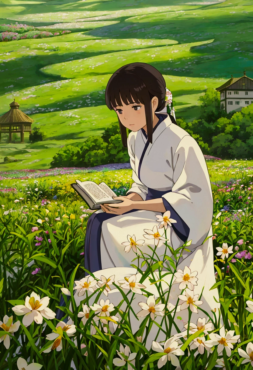 arafed woman sitting in a field of flowers reading a book, white hanfu, palace ， a girl in hanfu, girl sitting in a flower field, by Yang J, sitting in a field of flowers, in a field of flowers, in a cottagecore flower garden, hanfu, in a field with flowers, girl in flowers