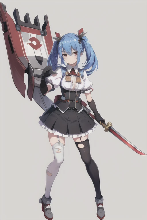 prinz eugen \(warship girls r\)，((masterpiece)),(((best quality))),((ultra-detailed)),((illustration)),((disheveled hair)),((frills)),(1 girl),(solo), 1girl, asymmetrical legwear, bandaged leg, bandages, bandaid, bandaid on arm, bandaid on cheek, bandaid on face, bandaid on knee, bandaid on leg, bangs, black gloves, black legwear, black skirt, blue hair, bow, breasts, closed mouth, eyebrows visible through hair, full body, garter straps, gloves, hair ornament, holding, holding sword, holding weapon, injury, kneehighs, long hair, looking at viewer, medium breasts, mismatched legwear, multicolored hair, puffy short sleeves, puffy sleeves, red eyes, ribbon, shirt, short sleeves, single kneehigh, single thighhigh, skirt, solo, standing, star \(symbol\), star hair ornament, star print, starfish, sword, thighhighs, torn clothes, torn legwear, twintails, uneven legwear, weapon