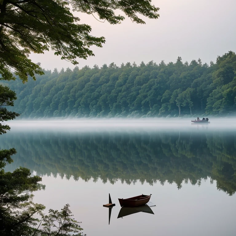Quiet corner of nature:
"Beautiful nature scene with a quiet lake surrounded by dense forest. Morning fog spreads across the water, there is a wooden house on the shore, next to which the boat is parked. animals, such as deer and birds, complement the idyllic atmosphere."