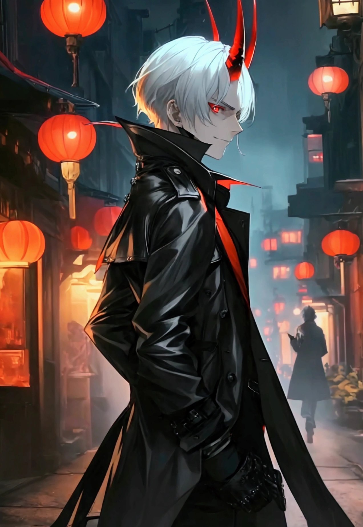1man, tall, mature, pale, (red eyes, white hair, short hair, sideswept hairstyle, sharp curved red horns), town, night, (black canvas vest, red undershirt, black leather trench coat, black dress pants, black dress shoes, black fingerless gloves), cinematic lighting, dark moody atmosphere, dramatic shadows, gritty, chiaroscuro, gothic, (best quality,4k,8k,highres,masterpiece:1.2),ultra-detailed, smirk, walking, hands in pockets