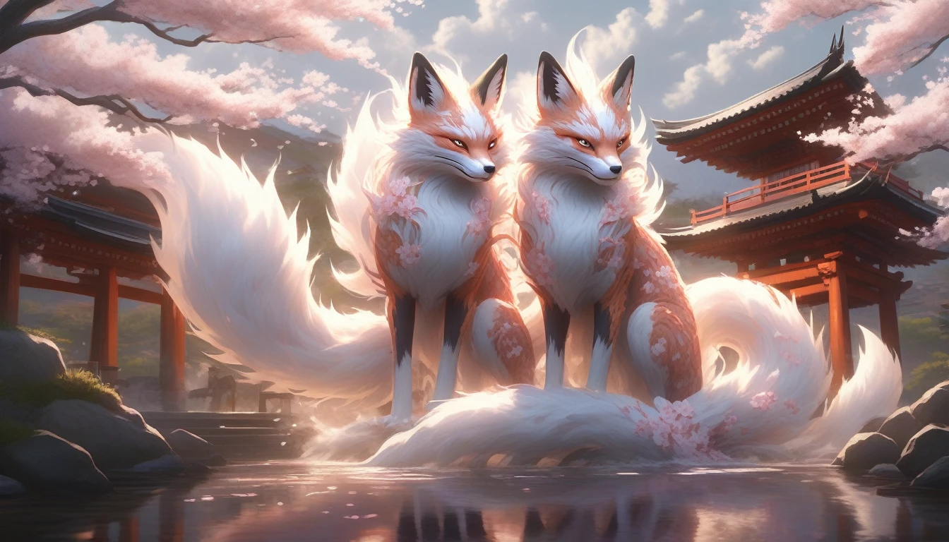 Create a digital artwork that captures the mystical and enchanting presence of a Kitsune in an ancient Japanese setting. The Kitsune should be depicted partially transformed, with its fox form showing multiple tails and a magical aura, while also appearing as a beautiful woman.
The setting should be a serene, traditional Japanese village or shrine, surrounded by cherry blossom trees in full bloom and lantern-lit pathways. The sky should be a twilight blend of deep purples and soft pinks, with moonlight filtering through the cherry blossoms, creating a dreamlike atmosphere.
Focus on hyper-detailed textures, such as the Kitsune’s shimmering tails, the intricate patterns of its kimono, and the glowing orbs of foxfire surrounding it. The cherry blossom petals and traditional Japanese architecture should be rendered realistically, with dynamic lighting and shadows enhancing the overall enchantment of the scene. The atmosphere should evoke a sense of timeless beauty and supernatural elegance.
Render the entire scene in super-realistic, hyper-detailed 4k resolution, ensuring that every element, from the Kitsune’s transformation to the serene ancient Japanese environment, contributes to the overall sense of mystical allure and cultural richness. cinematic lighting, strong contrast, high level of detail, best quality, masterpiece, Extremely high-resolution details, photographic, realism pushed to extreme, fine texture, incredibly lifelike