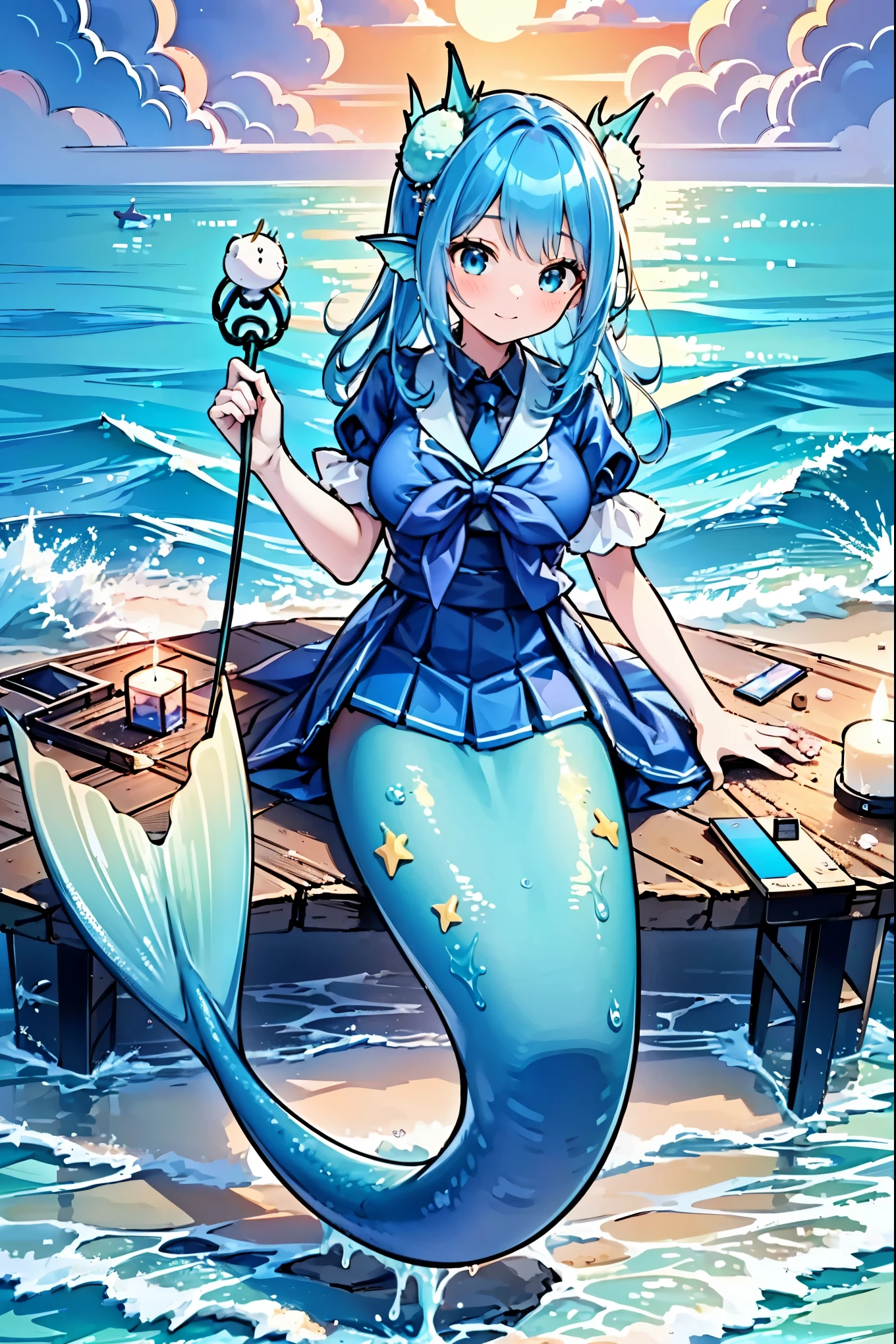 masterpiece, best quality,(Full fingers),A woman,独奏,Mermaid,Large Breasts,Head fin,Blue shirt,Blue Skirt,藍色的Mermaid尾巴,full-body shot,ocean,Beach,charming脸(Kawaii, charming,Soft)