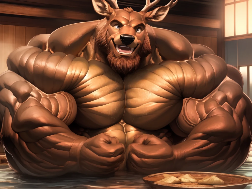 muscular old man soak in the onsen, furry, an anthro (brown deer), an anthto, bearded, happy expression, detailed face, face, detailed eyes, eyes, really big muscle, bigger muscle, very big muscular, over sized muscle, biggest muscle, big pec muscular, biggest pec muscle, detailed muscle, photography, background