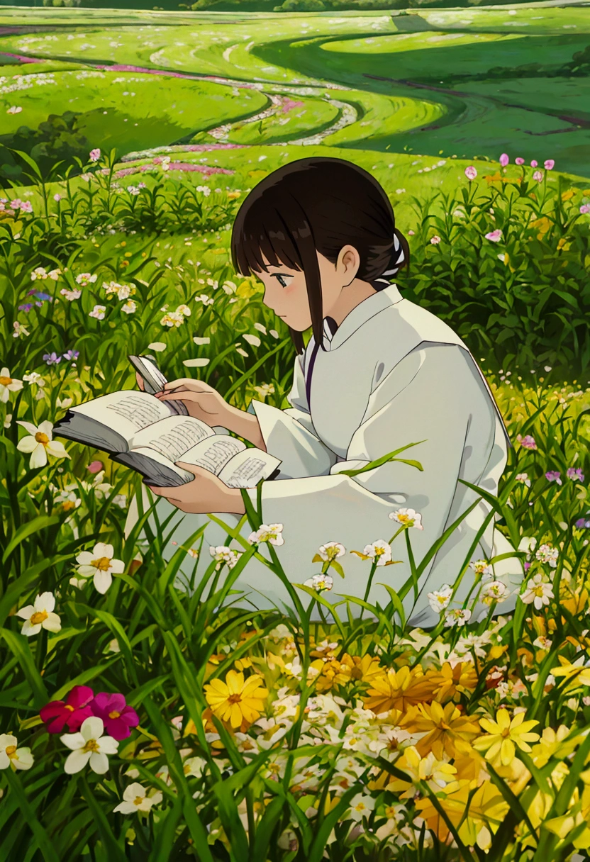 arafed woman sitting in a field of flowers reading a book, white hanfu, palace ， a girl in hanfu, girl sitting in a flower field, by Yang J, sitting in a field of flowers, in a field of flowers, in a cottagecore flower garden, hanfu, in a field with flowers, girl in flowers